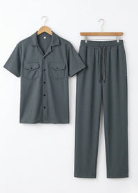 Men’s ribbed lounge set front view green shirt and pants