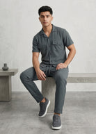 Men’s matching shirt and pants set hanging display detail