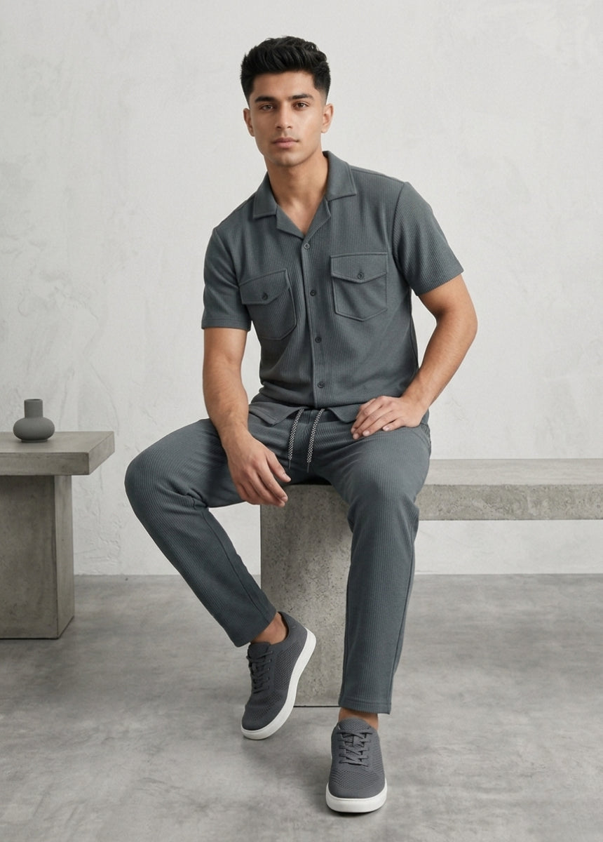 Men’s matching shirt and pants set hanging display detail
