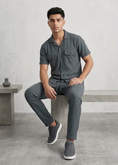 Men’s matching shirt and pants set hanging display detail