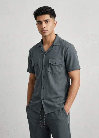 Men’s ribbed lounge set front view green shirt and pants