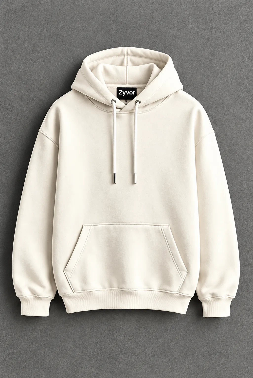 Zyvor cream hoodie with a bold black gothic graphic, moon symbols, and star details on the back.
