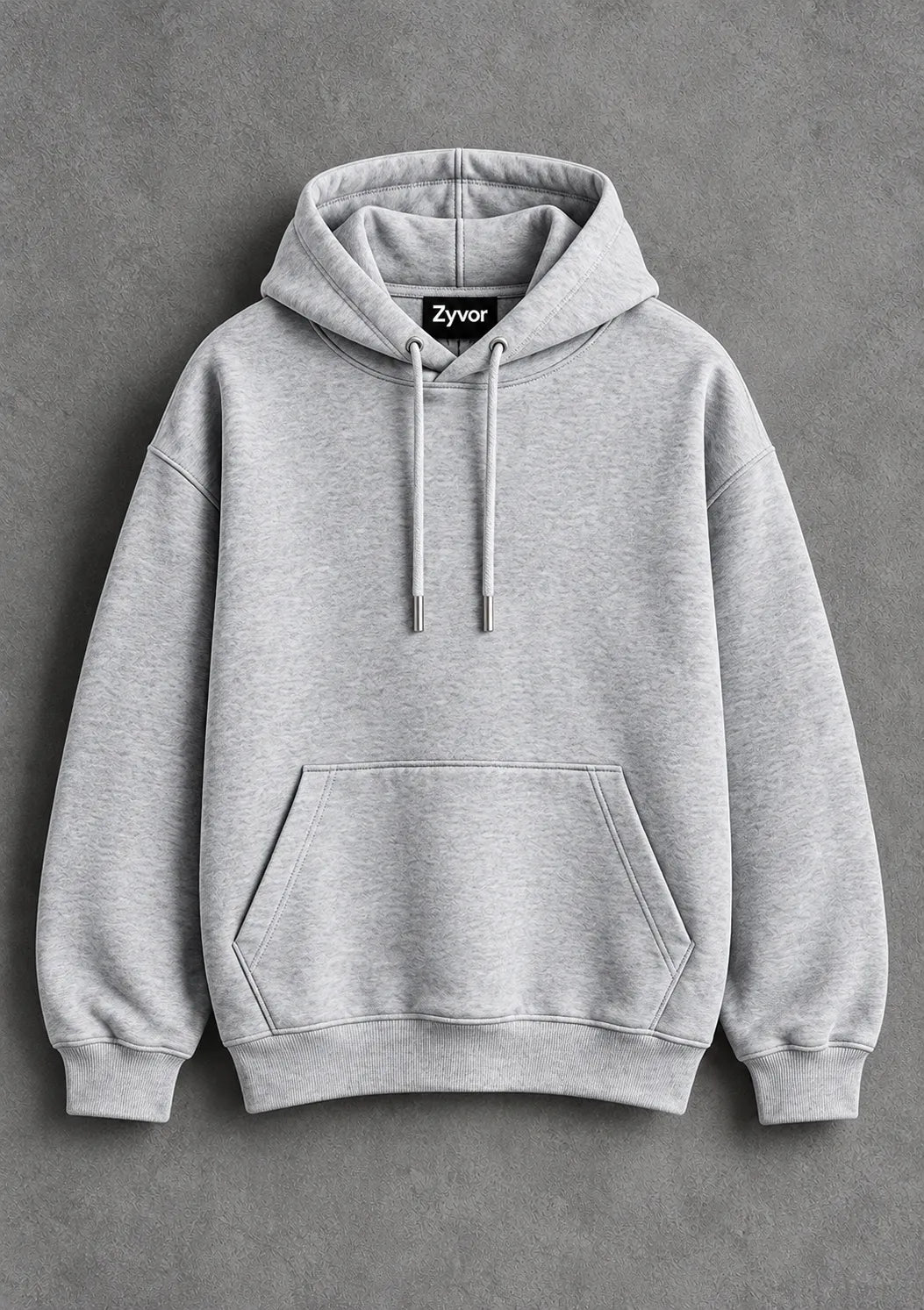 Zyvor light grey hoodie with an adjustable drawstring hood, front kangaroo pocket, and ribbed cuffs displayed against a textured grey background.