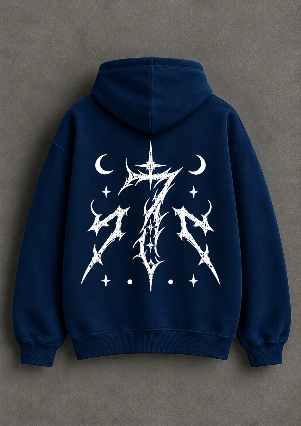 Zyvor navy blue hoodie with a bold white gothic graphic, moon symbols, and star details on the back.