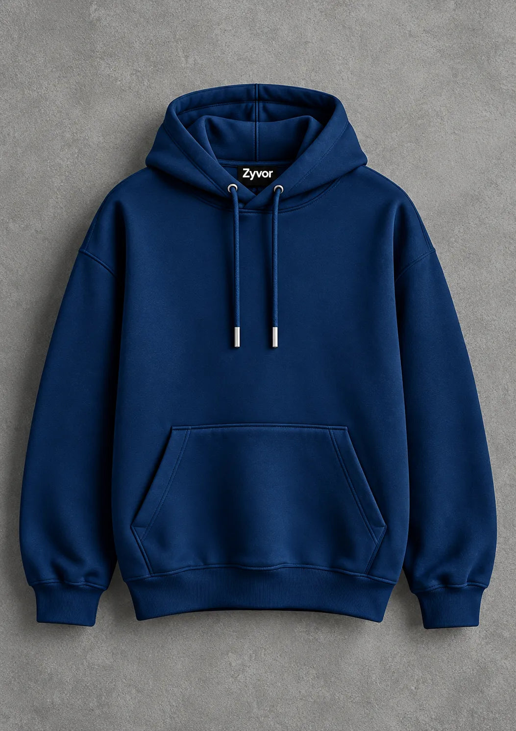 Zyvor navy blue streetwear hoodie with long sleeves, ribbed cuffs, and a unique artistic back print.