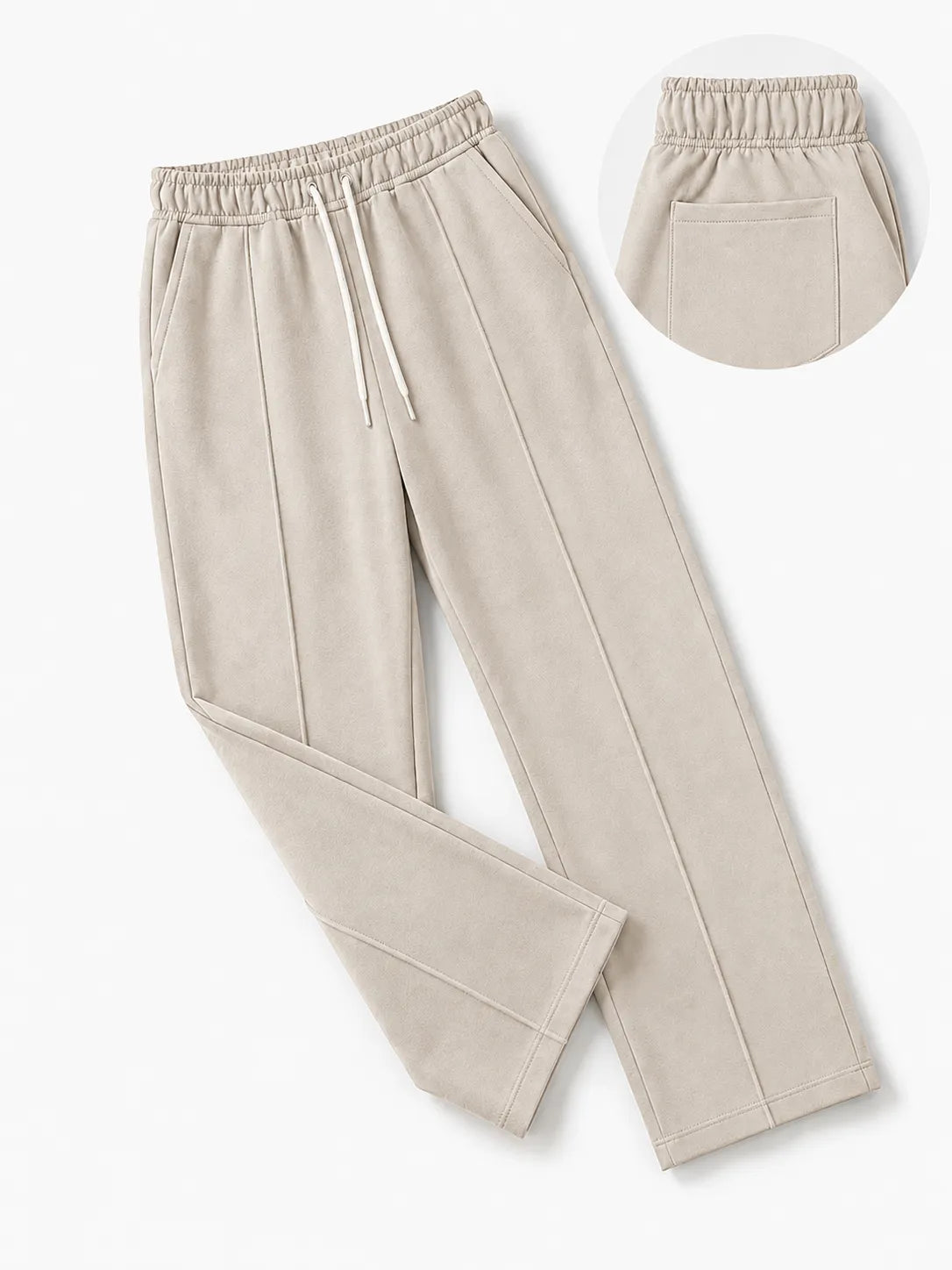 Men’s light beige tapered jogger pants displayed on hanger