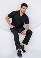 Black ribbed co-ord set front view with shirt and pants for men