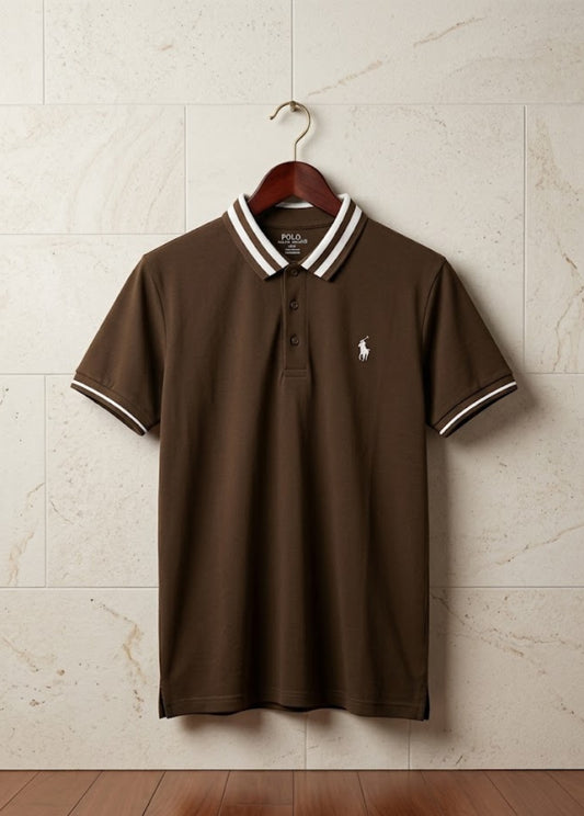 Brown polo shirt front view with striped collar and short sleeves
