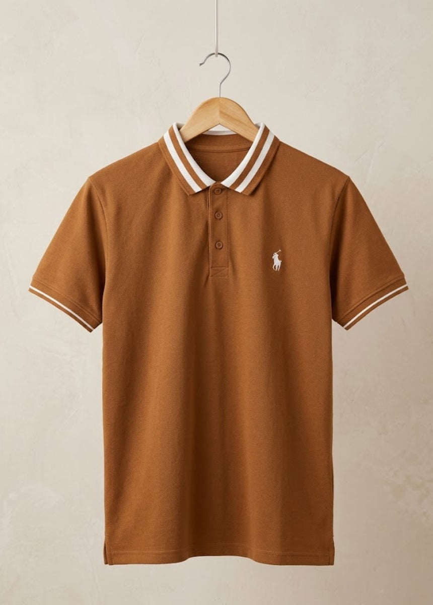 Camel brown polo shirt front view with striped collar and short sleeves