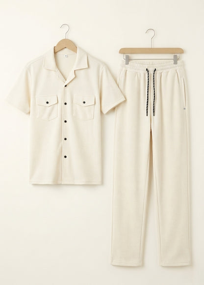 Cream co-ord set for men with short sleeve shirt and matching pants front view