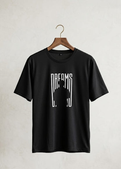 Black Dreams graphic T-shirt front view on hanger with minimalist print