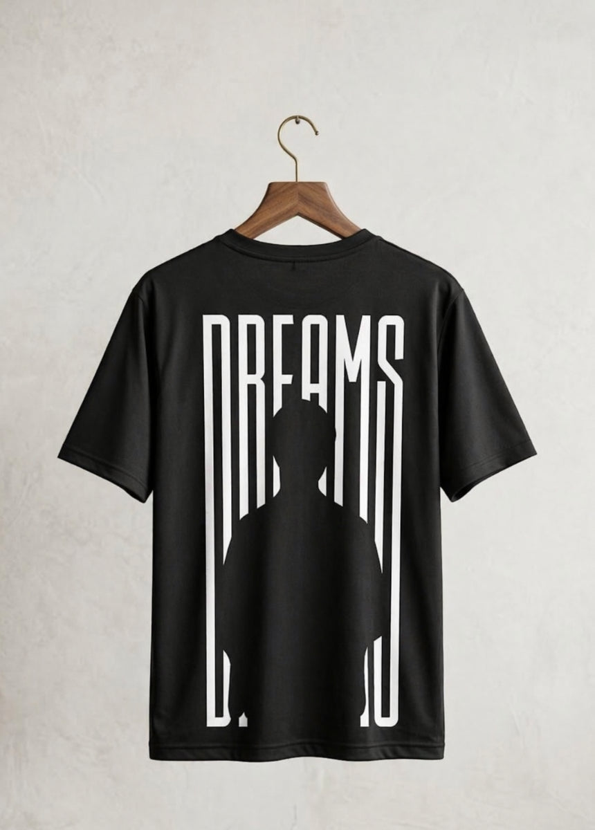 Black Dreams graphic T-shirt front view on hanger with minimalist print