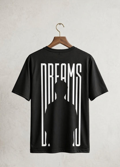 Black Dreams graphic T-shirt front view on hanger with minimalist print