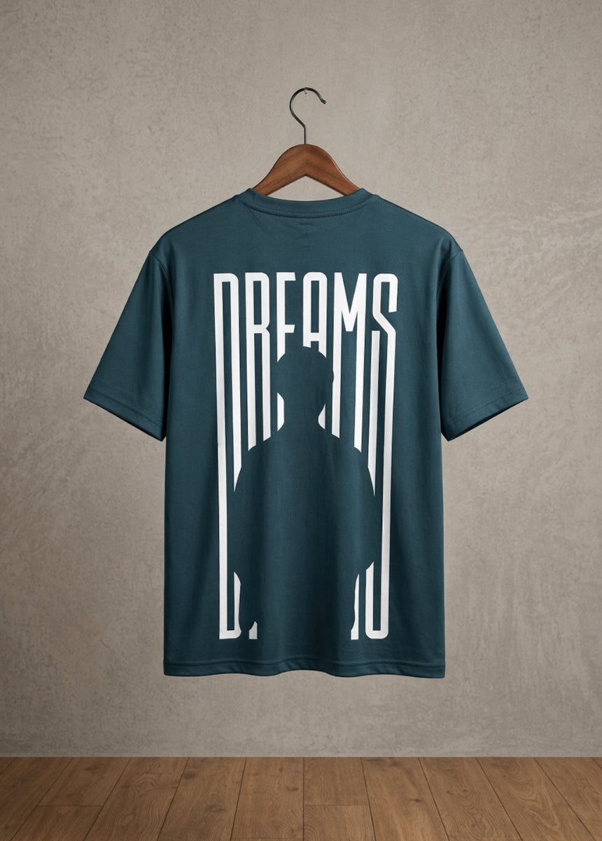 Blue Dreams graphic T-shirt front view hanging on wooden hanger