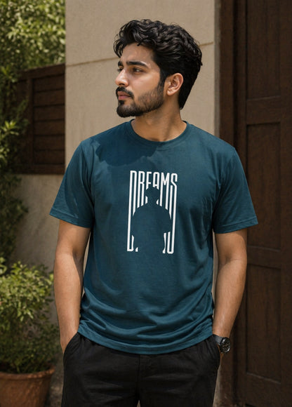 Blue Dreams graphic T-shirt front view hanging on wooden hanger