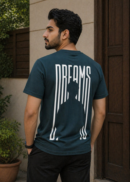 Blue Dreams graphic T-shirt front view hanging on wooden hanger