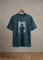 Blue Dreams graphic T-shirt front view hanging on wooden hanger