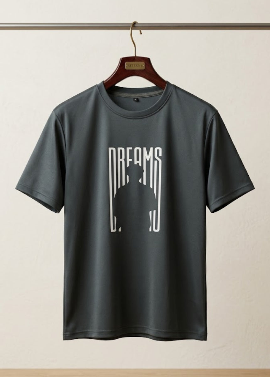 Men’s charcoal grey graphic tee with white Dreams front print