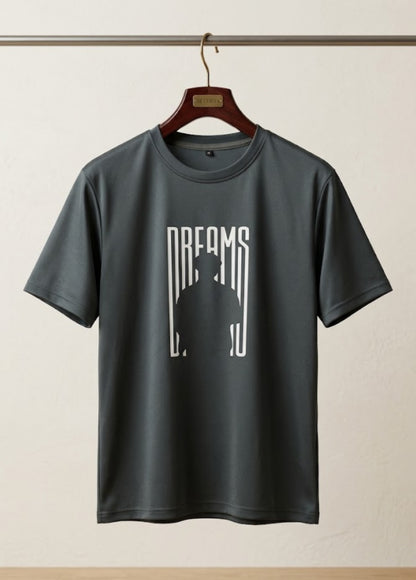 Men’s charcoal grey graphic tee with white Dreams front print