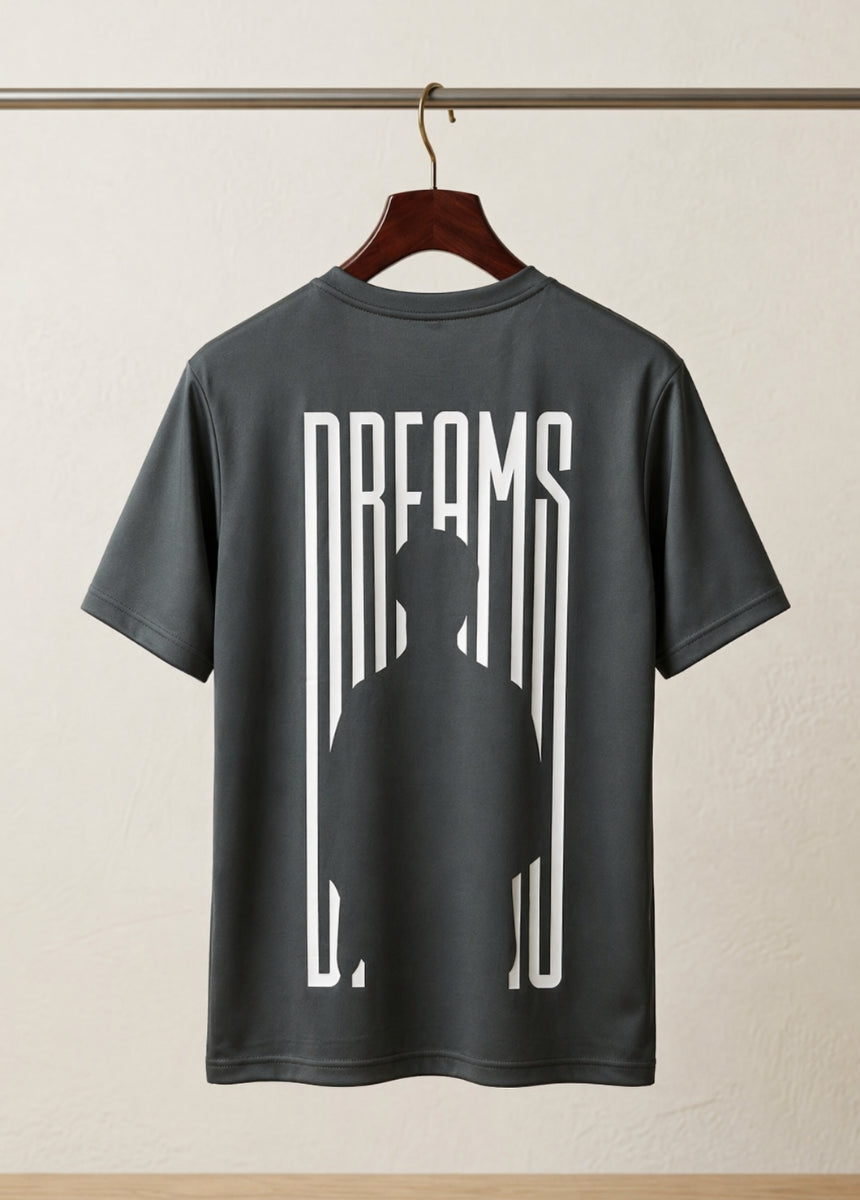 Men’s charcoal grey graphic tee with white Dreams front print
