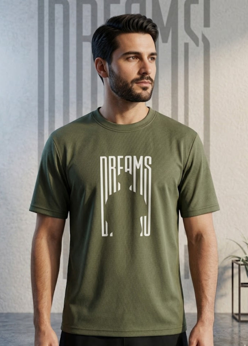 Olive green Dreams graphic T-shirt front view hanging on wooden hanger