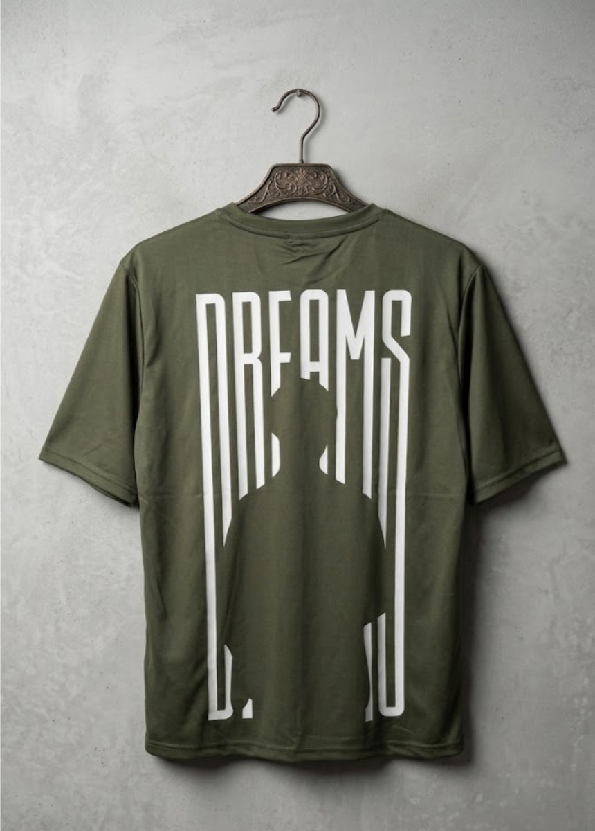 Olive green Dreams graphic T-shirt front view hanging on wooden hanger