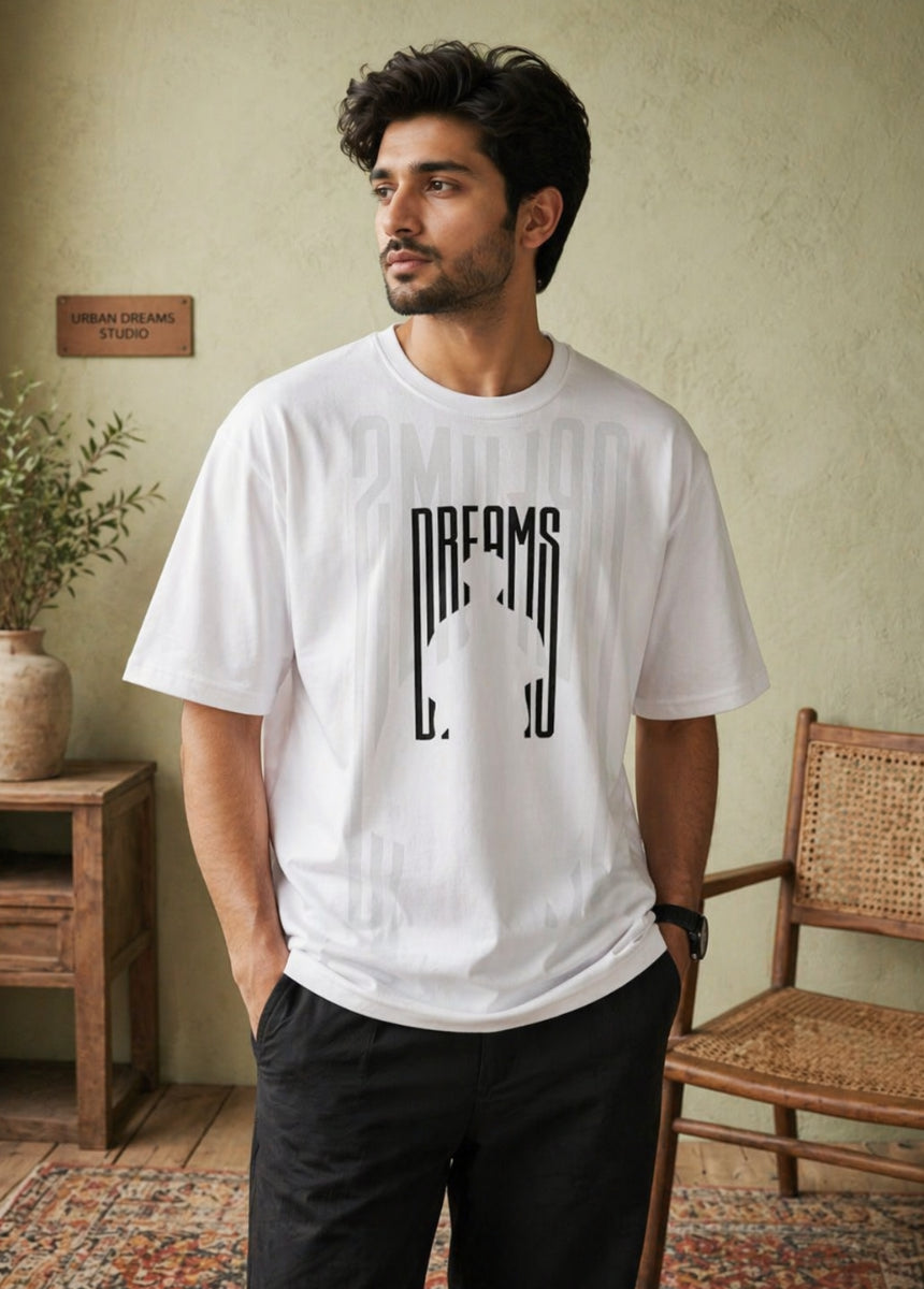 White Dreams graphic T-shirt front view hanging on wooden hanger