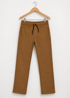 Men's camel fleece jogger pants front view with adjustable drawstring waistband and side pockets.