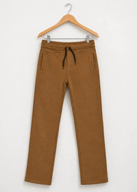 Men's camel fleece jogger pants front view with adjustable drawstring waistband and side pockets.