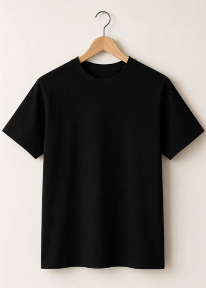 Premium black cotton t-shirt for men hanging on wooden hanger front view
