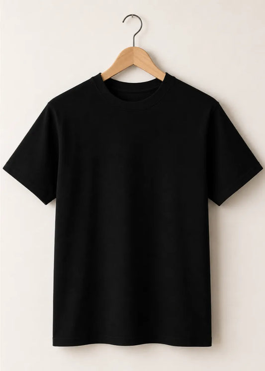 Premium black cotton t-shirt for men hanging on wooden hanger front view